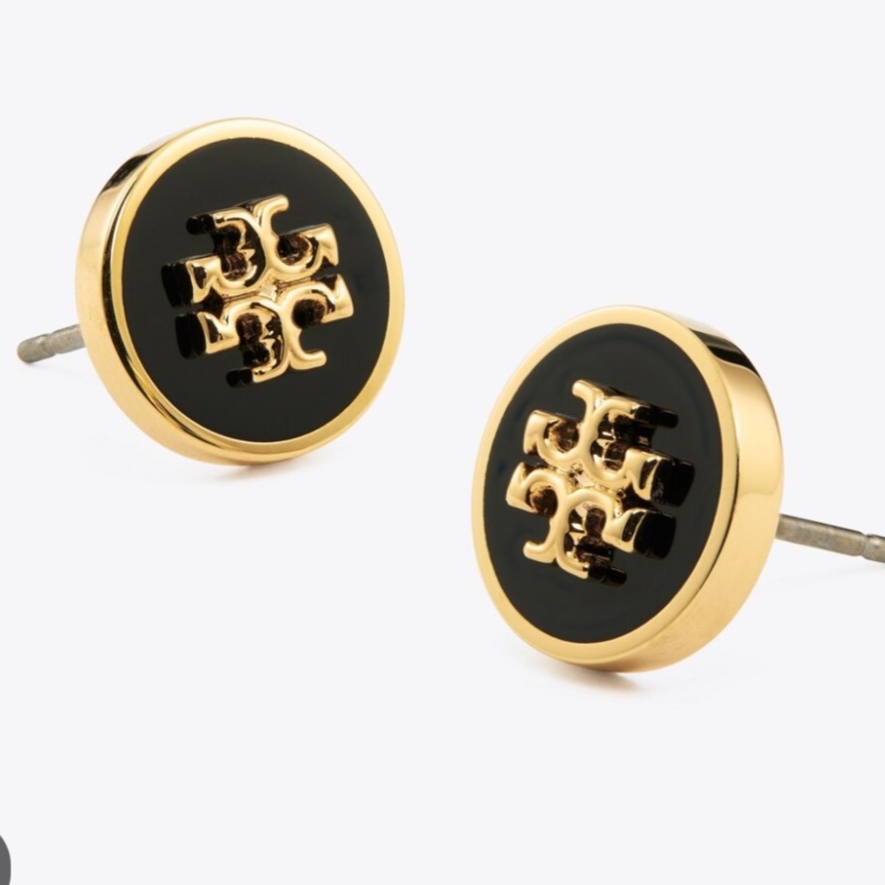 Tory Burch Black and Gold Logo Stud Earrings